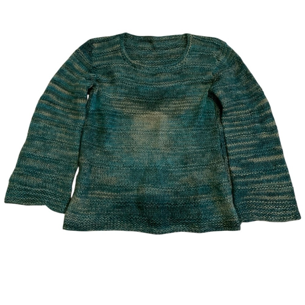 Hand Knit Boho Bell Sleeve Sweater - Teal Blue and White Size S/M